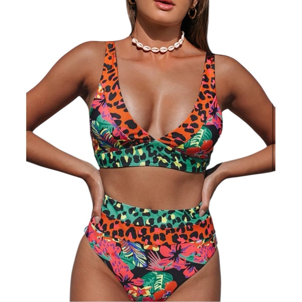 Hilinker Women’s High-Waisted Bikini Cut-Out Sports Crop Top Swimsuit Set, XL